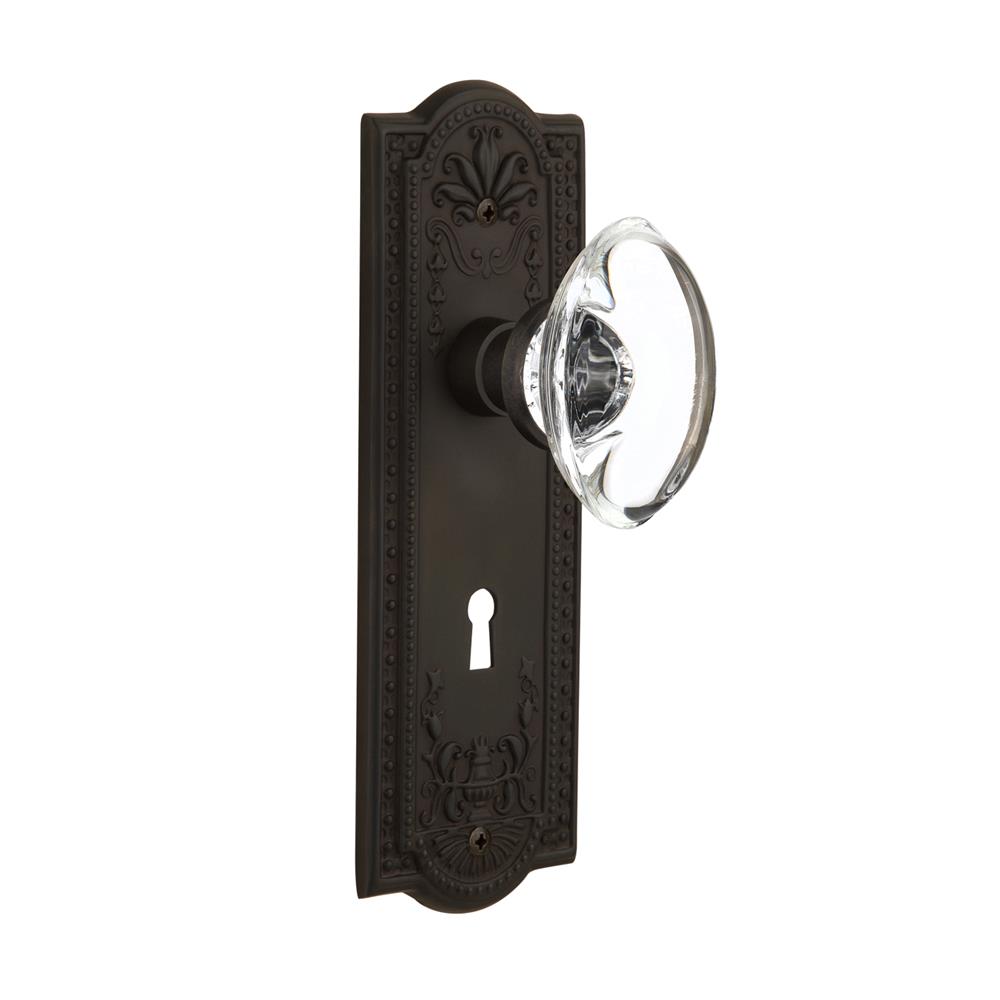 Nostalgic Warehouse MEAOCC Privacy Knob Meadows Plate with Oval Clear Crystal Knob with Keyhole in Oil Rubbed Bronze
